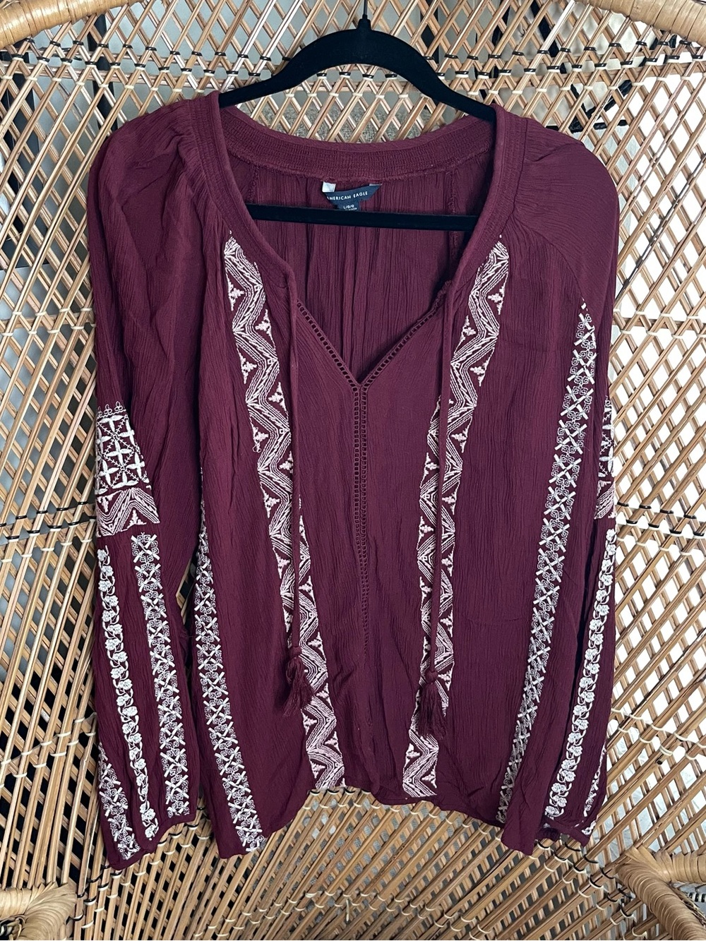 American Eagle Outfitters Wine Embroidered Peasant Tunic